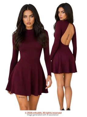 American Apparel M burgundy long sleeve open back skater dress